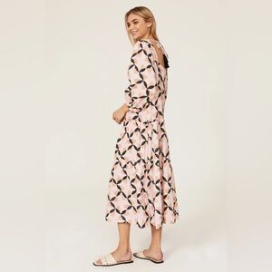 The Odells Women’s Lyla Linen Midi Dress Size M Geometric Tiered Pink Black